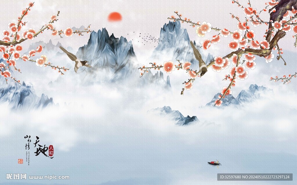 中式梅花山水背景
