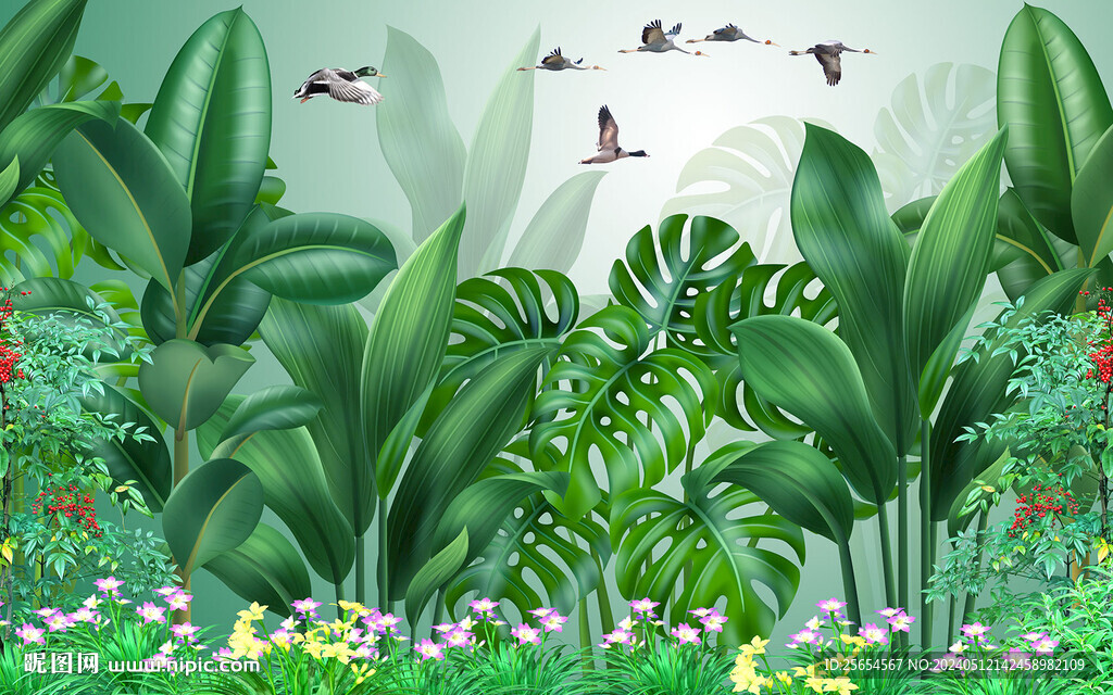 3d热带植物花鸟背景墙