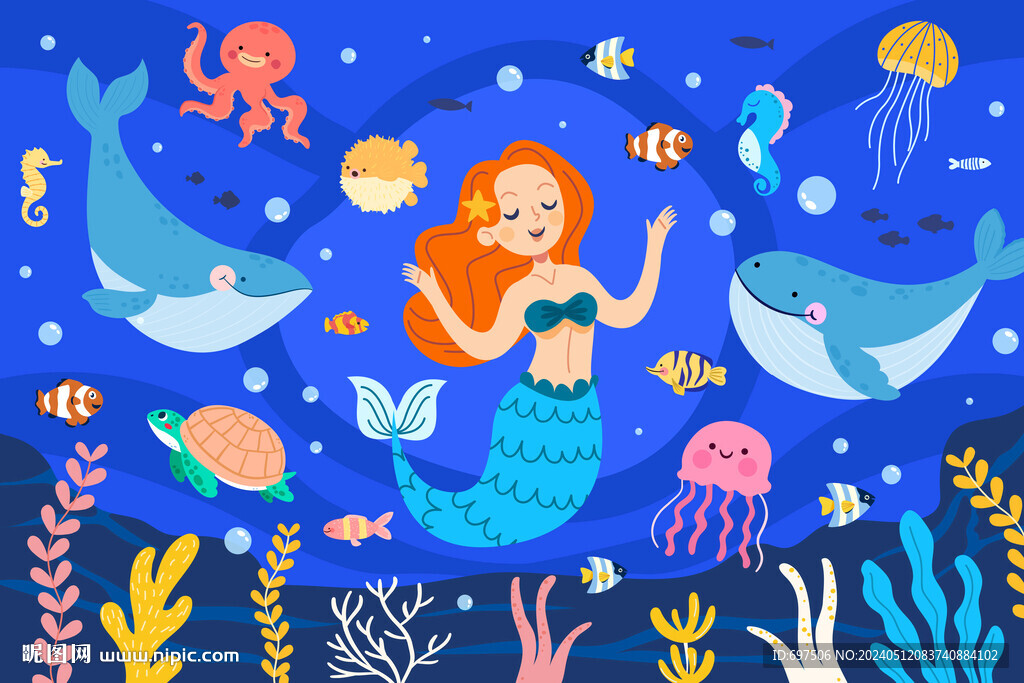 卡通可爱美人鱼海底鲸鱼珊瑚背景