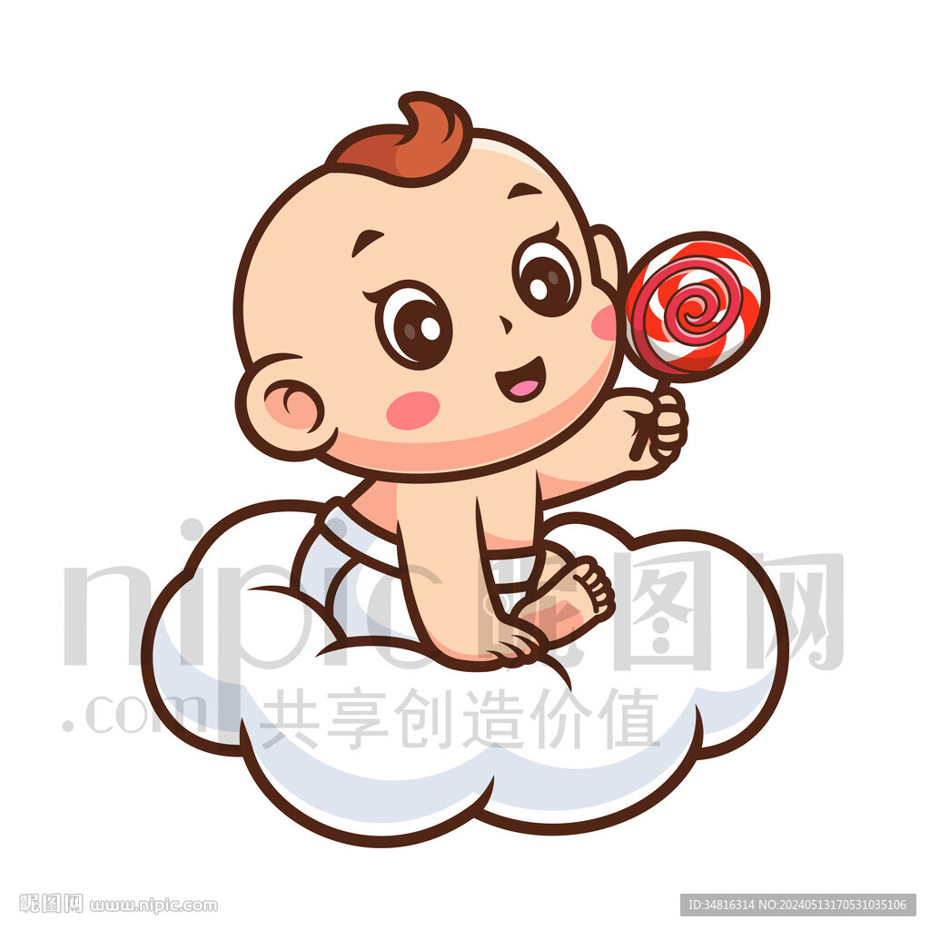 可爱卡通坐在云朵上的婴儿小孩
