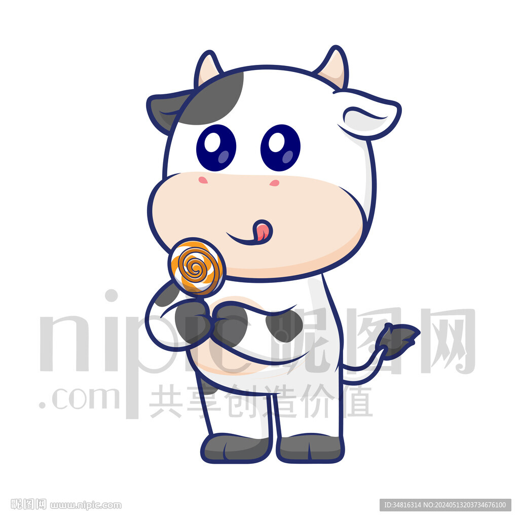 可爱卡通吃棒棒糖的奶牛