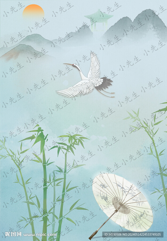 古风中国风竹子油纸伞仙鹤插画