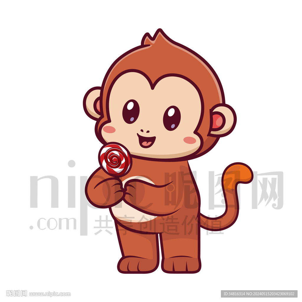 可爱卡通拿着棒棒糖的猴子