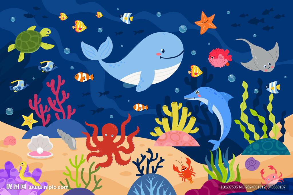 海底世界卡通海豚珊瑚水族馆背景