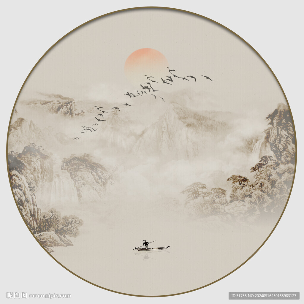 圆形山水水墨画