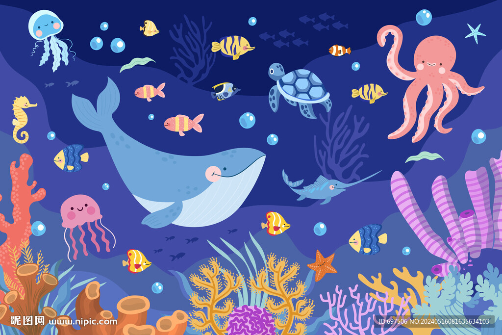 海底世界卡通鲸鱼海洋动物背景墙