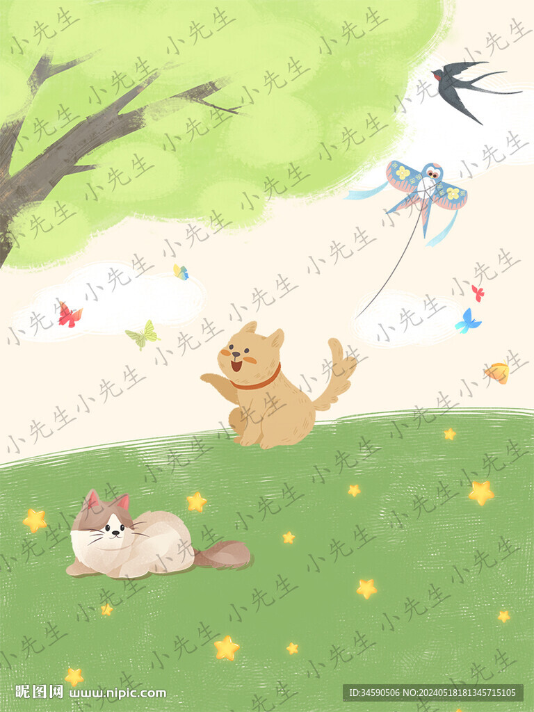 原创可爱树下小狗猫咪插画壁纸