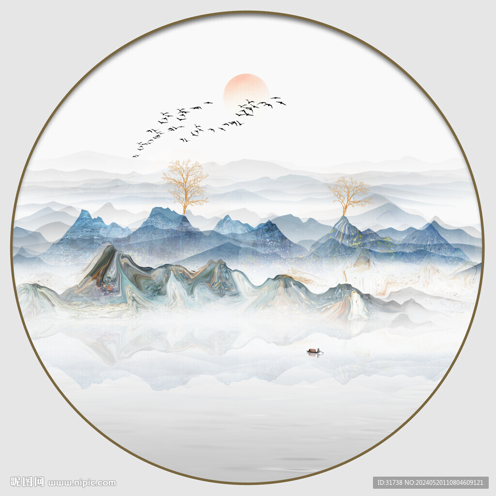 中式餐厅圆形水墨山水装饰画