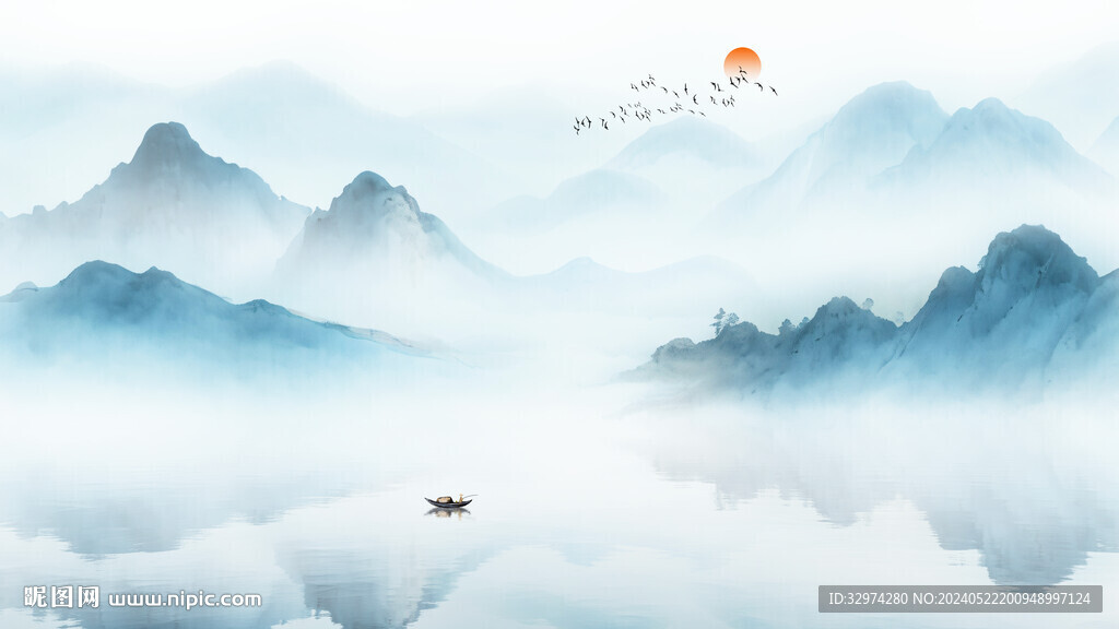 蓝色写意山水画