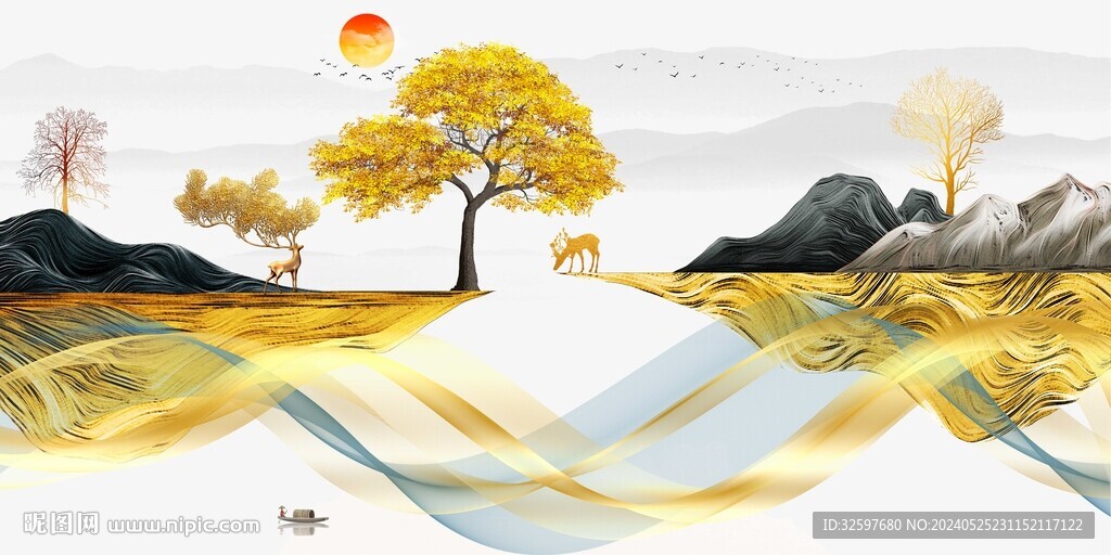 麋鹿山水装饰画