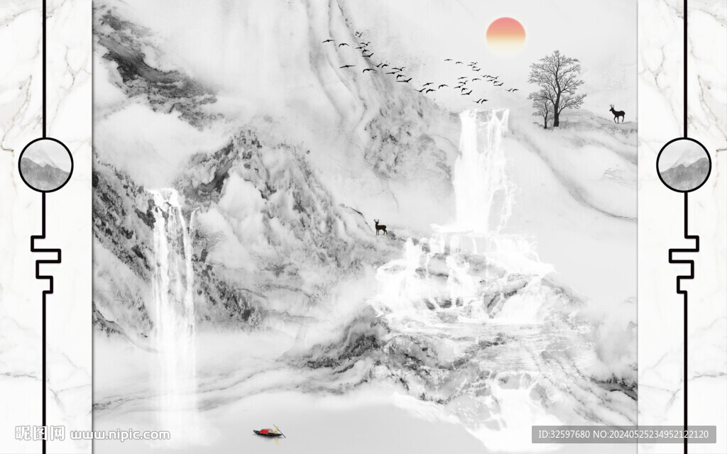 水墨石纹山水