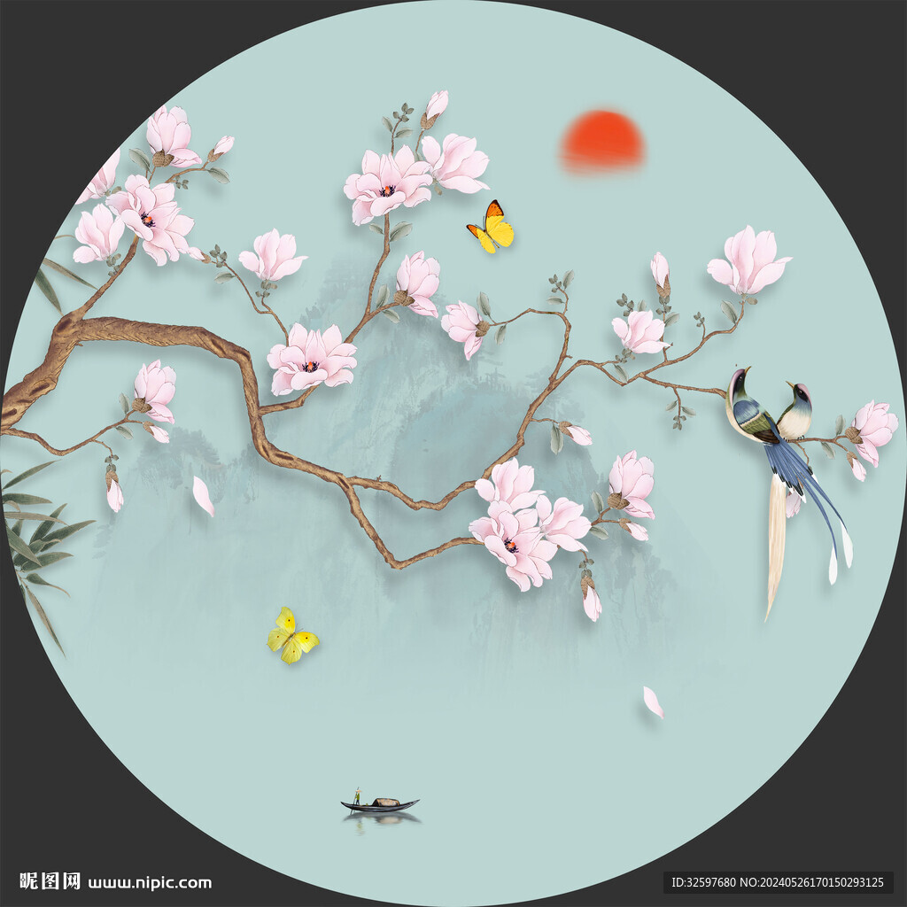 中式圆形花鸟山水