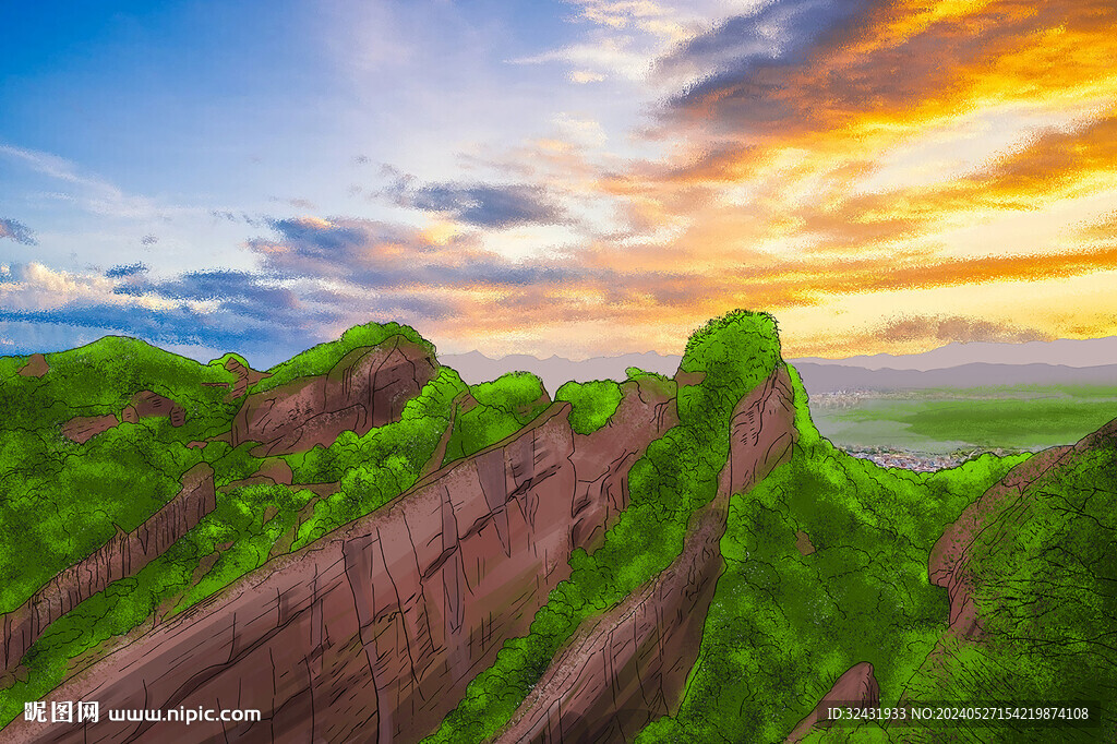 手绘福建连城冠豸山