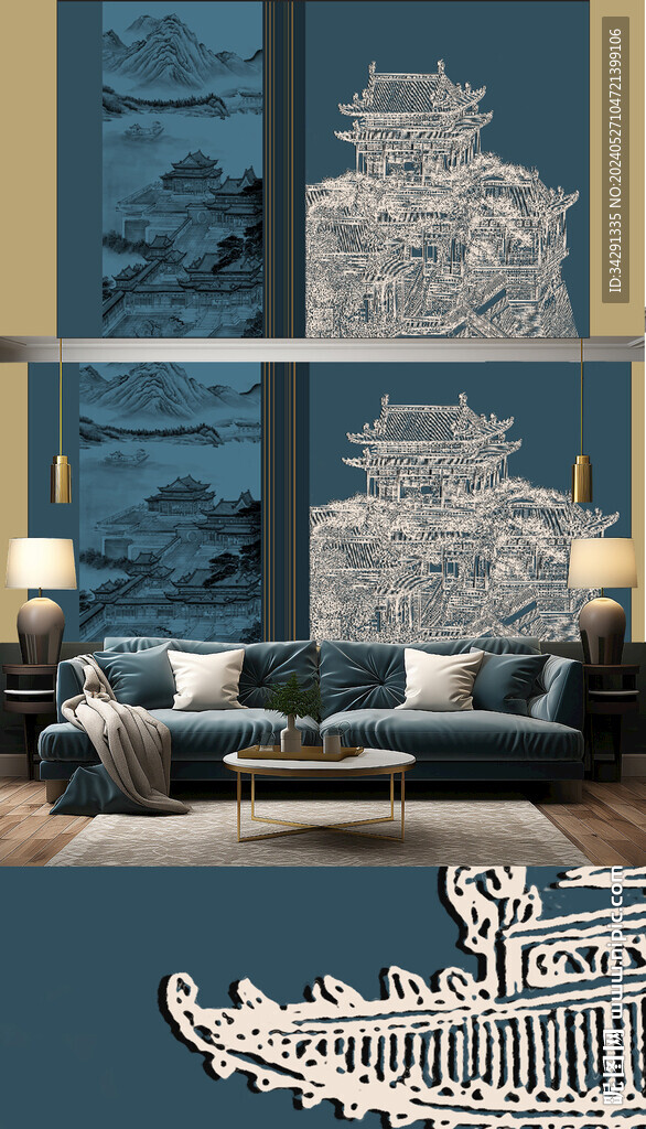 新中式轻奢楼阁山水背景轻奢壁画