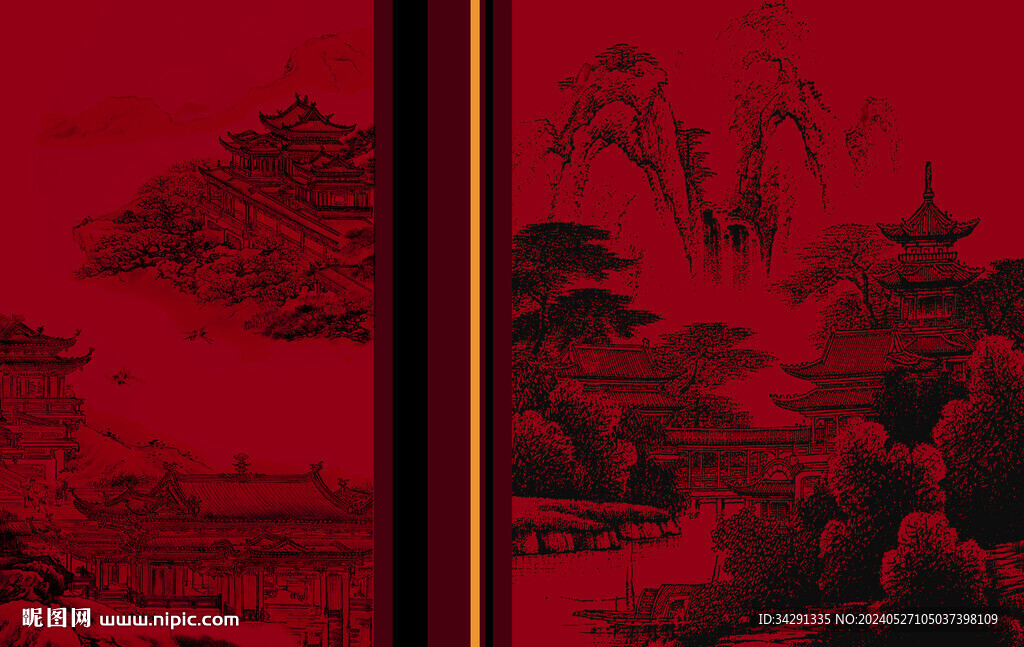 新中式轻奢楼阁山水背景轻奢壁画