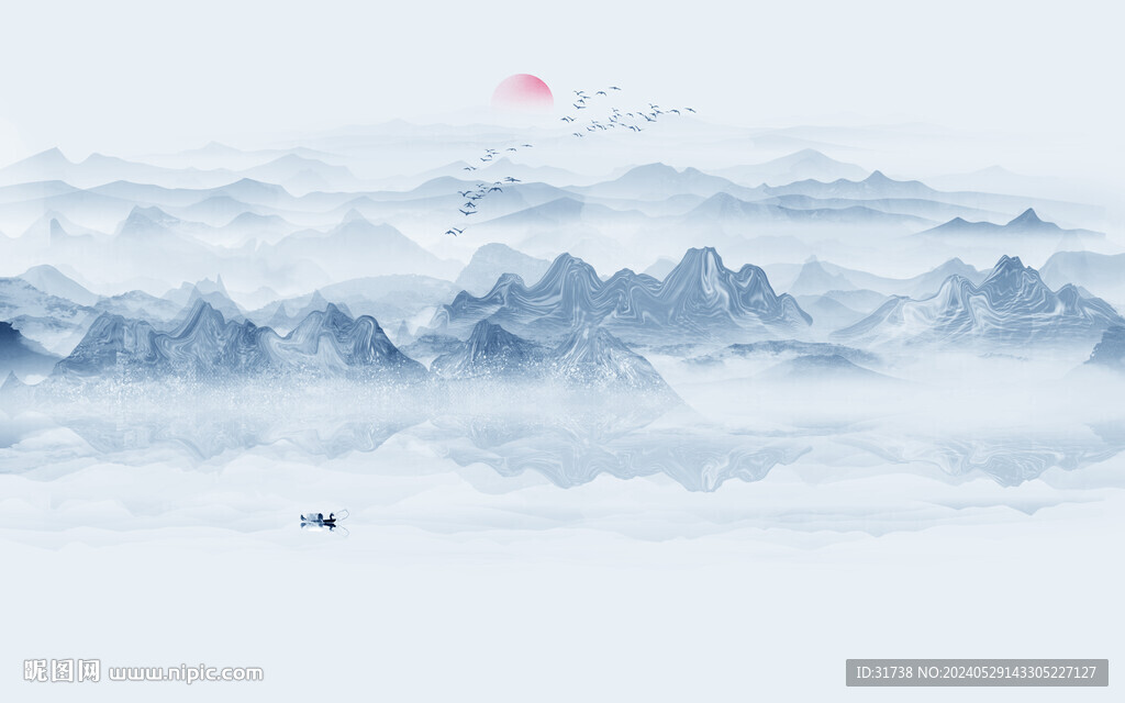 蓝色抽象水墨山水画