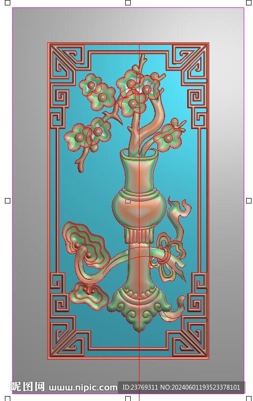 梅花如意灵芝花瓶竖门板精雕浮雕