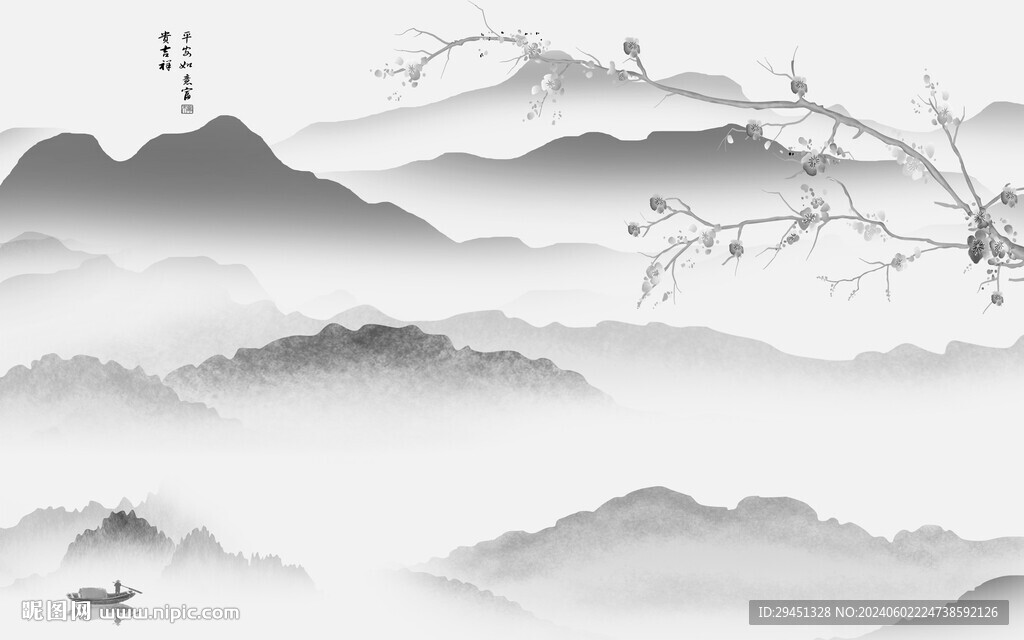 现代 灰色中式山水 TIF分层