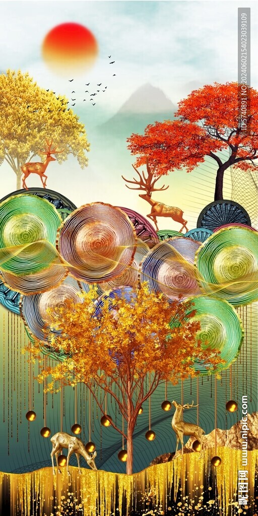抽象麋鹿发财树