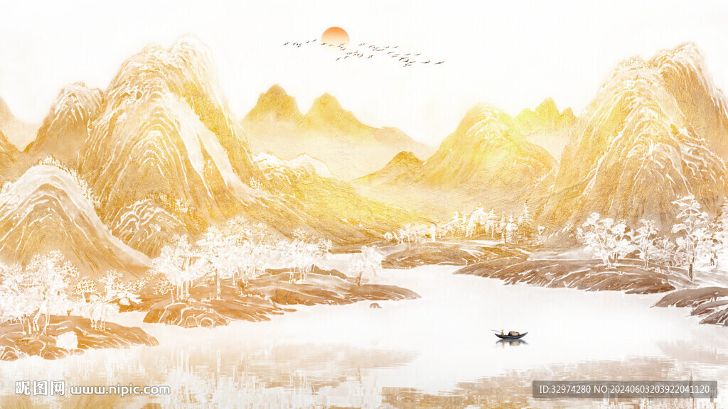 中国风金色山水画
