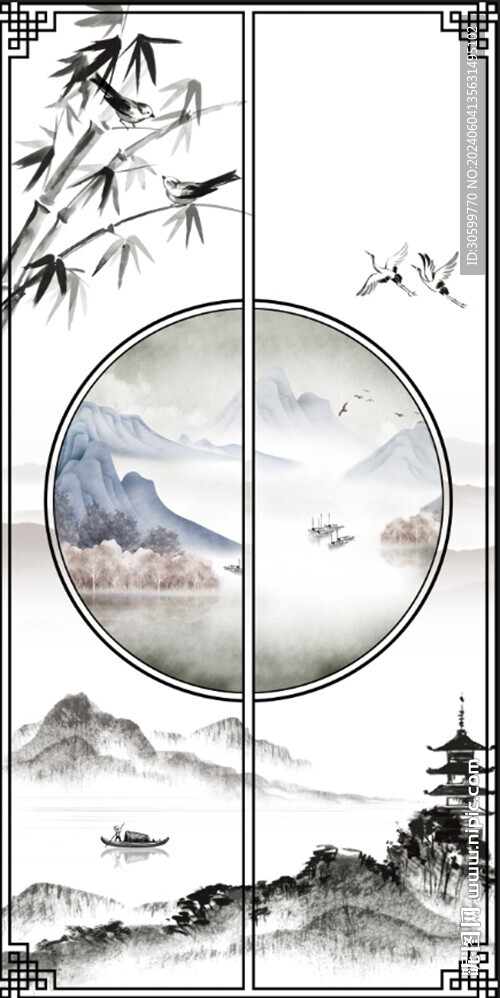 中式花格意境山水背景玄关装饰画