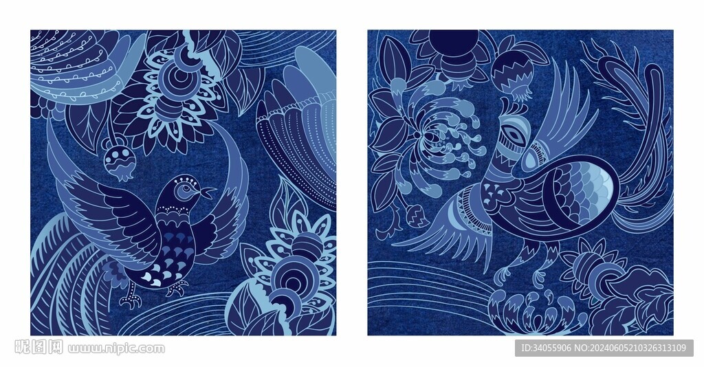 蜡染蓝矢量线稿图