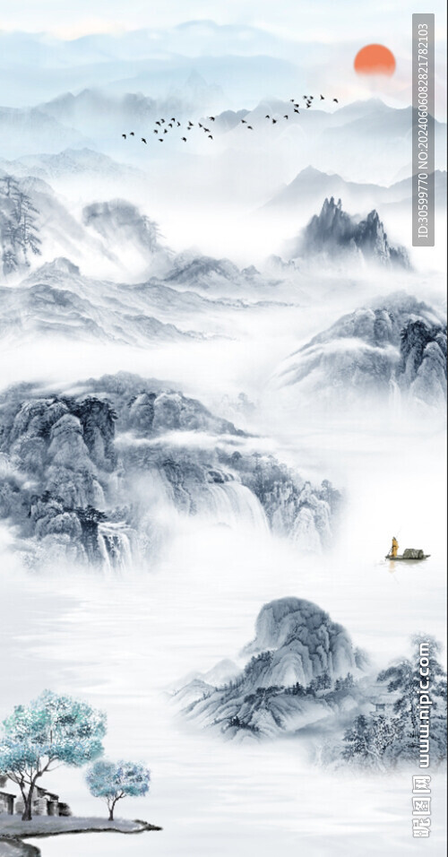 中式意境山水背景玄关装饰画