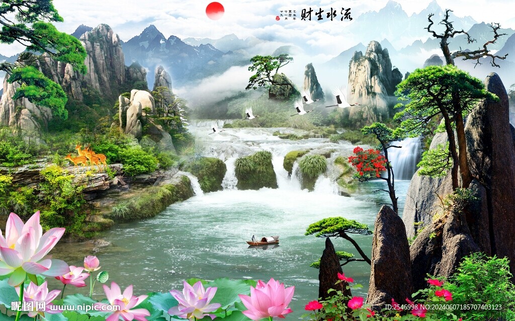 流水生财山水画