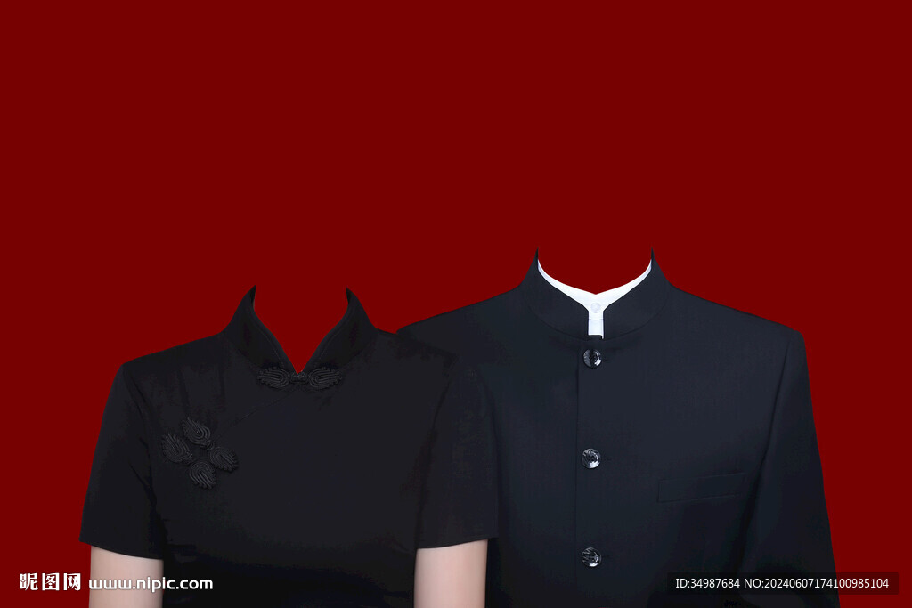 中式双人红底照服装素材