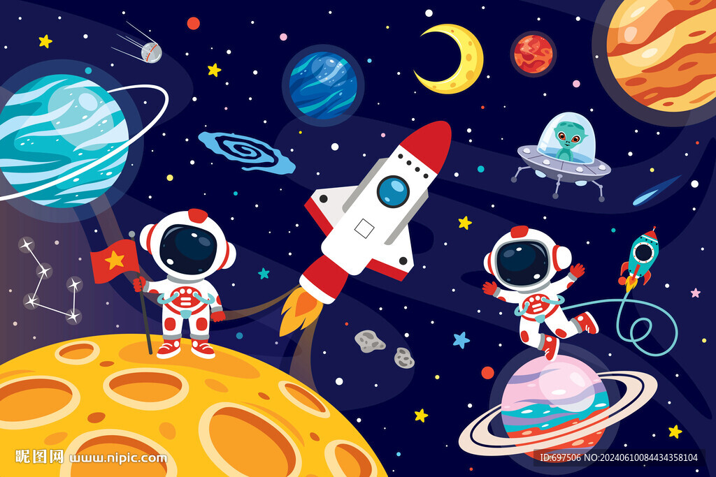 太空火箭卡通宇航员星球宇宙背景