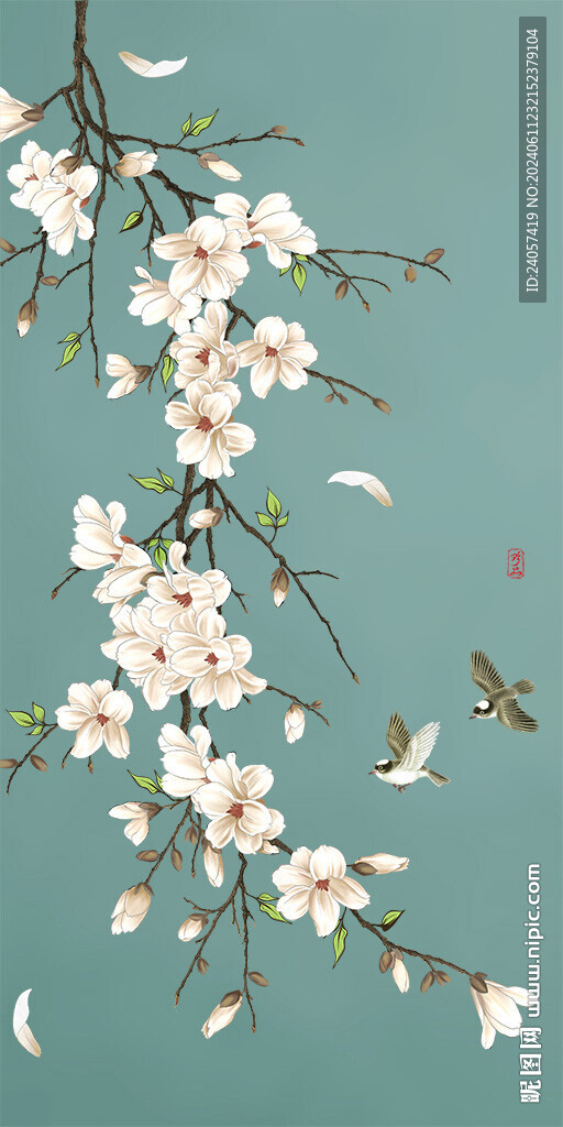新中式玉兰工笔花鸟玄关装饰画