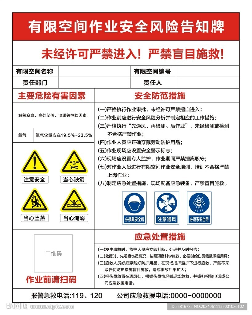 有限空间作业风险告知牌