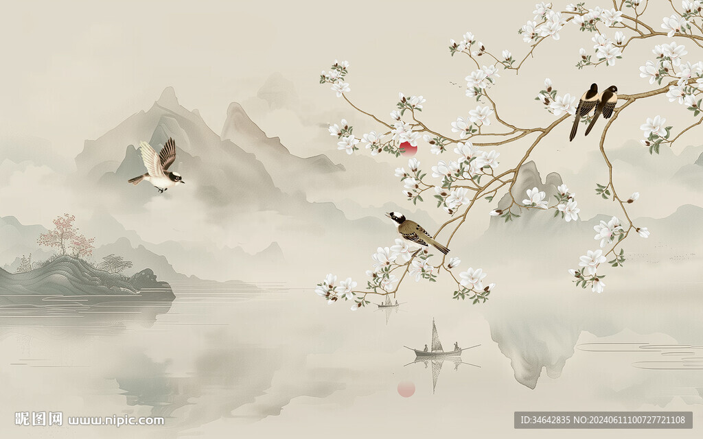 古画工笔花鸟屏风