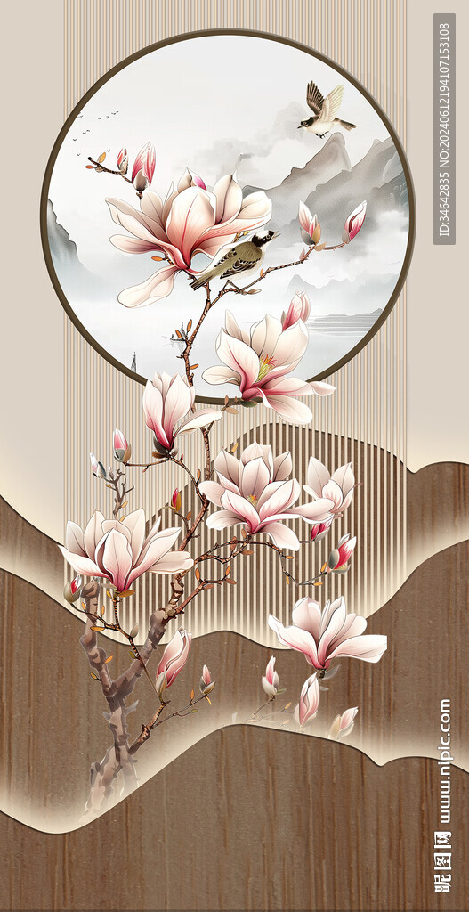 新中式工笔花鸟手绘玉兰花背景墙