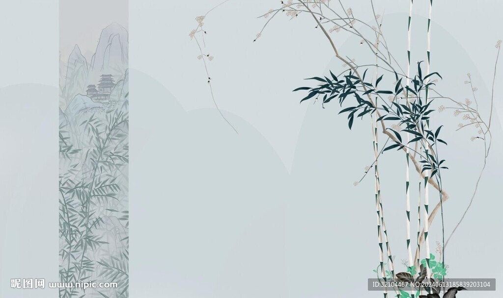中式烟雨古典建筑竹子