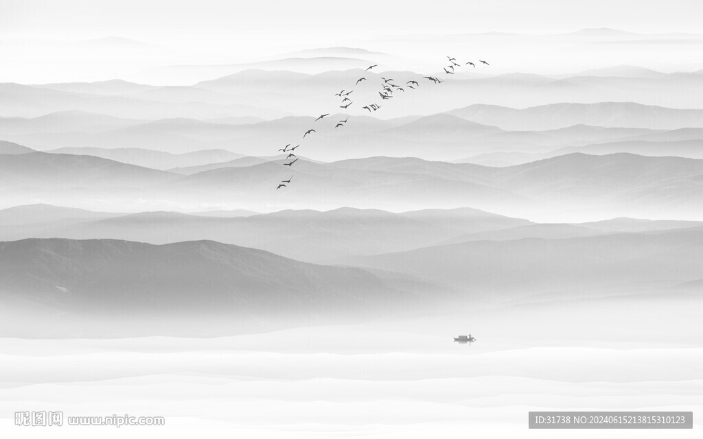 灰色意境水墨山水画