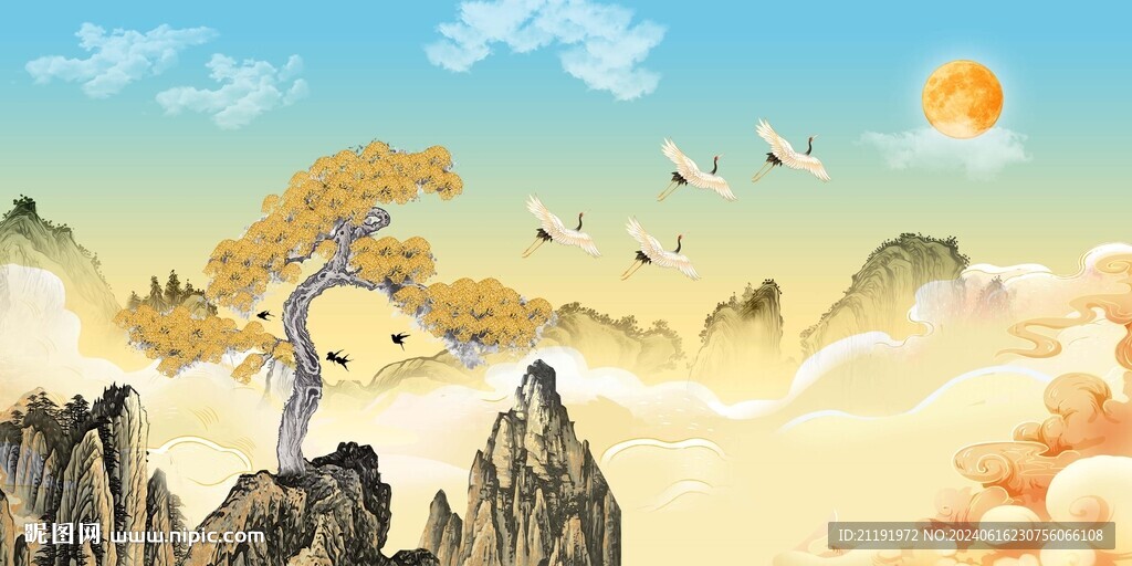 新中式意境山水迎客松装饰画