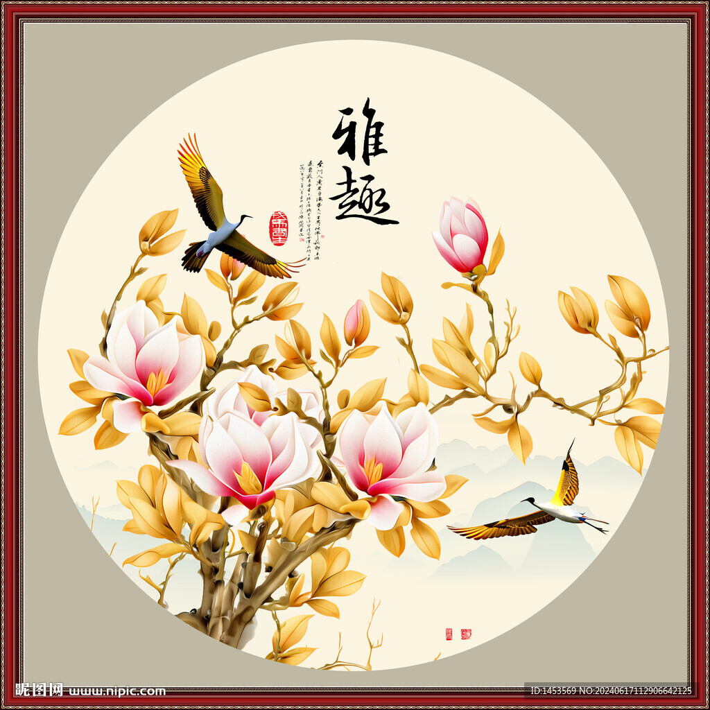 圆形玉兰花花鸟画