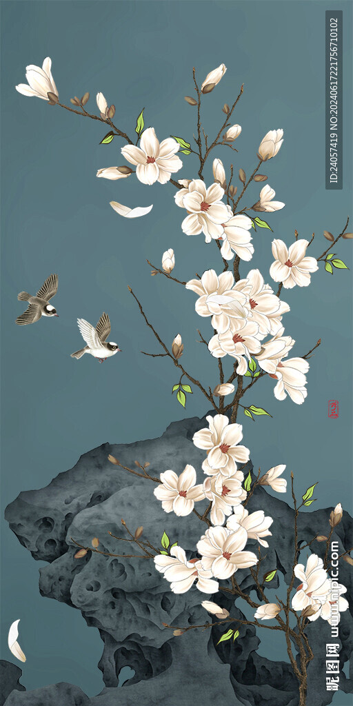 新中式花鸟玉兰玄关装饰画