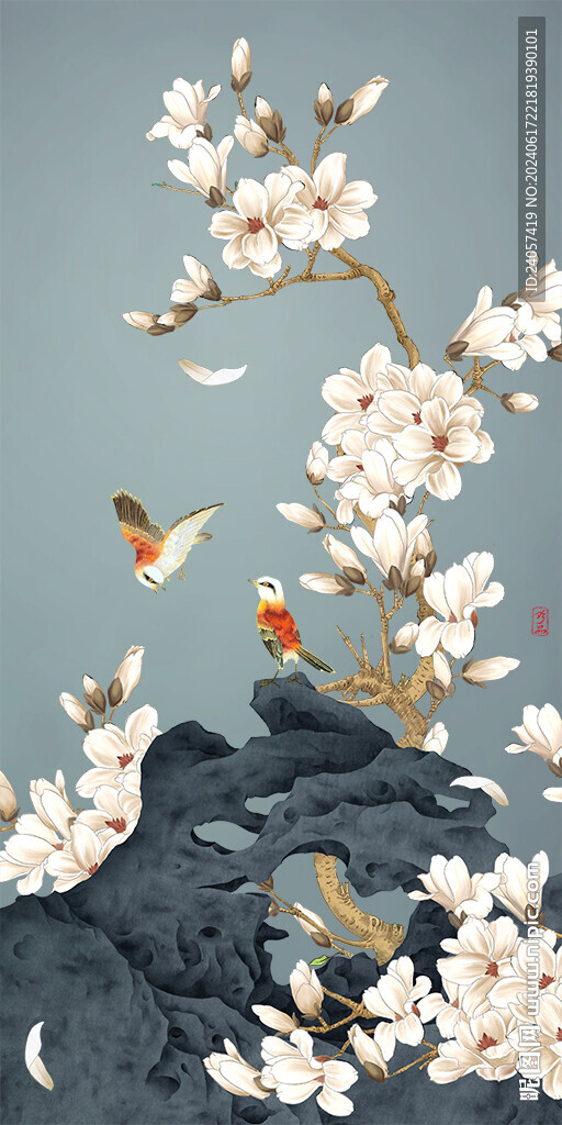 新中式工笔花鸟玉兰玄关装饰画