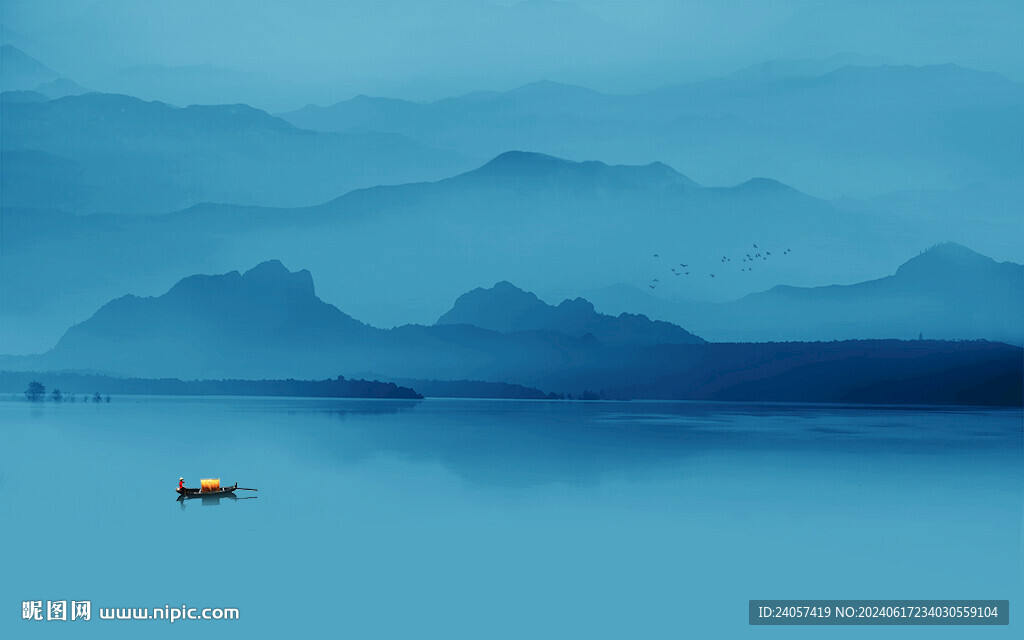 空灵意境山水风景蓝色写意背景墙