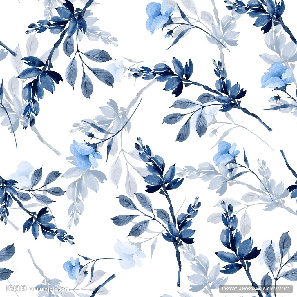 蓝色手绘花卉