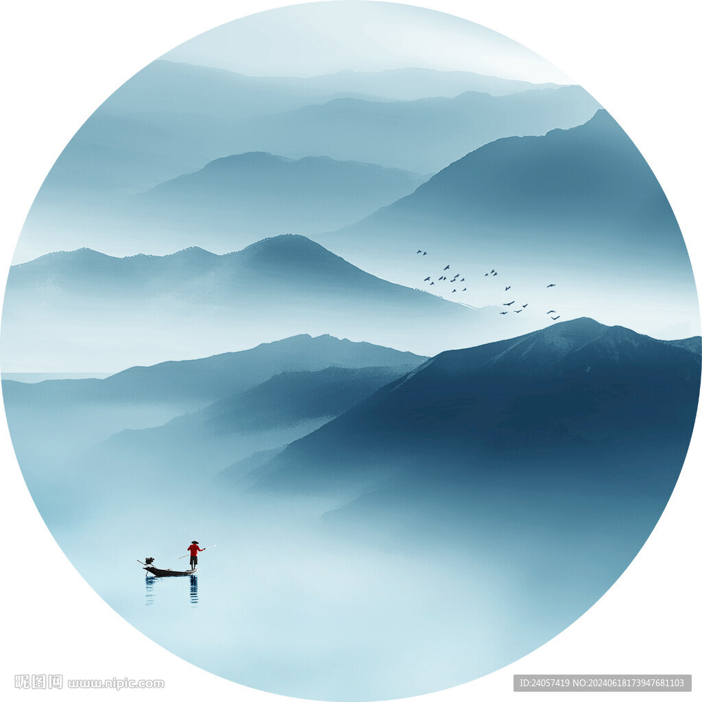 新中式抽象水墨山水圆形装饰画