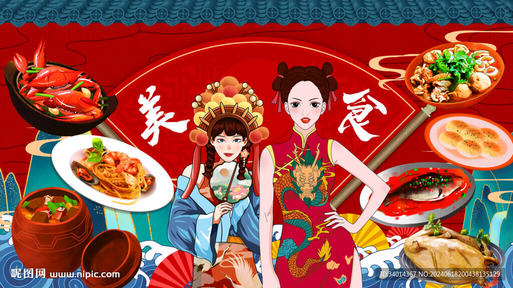 国潮美食背景墙