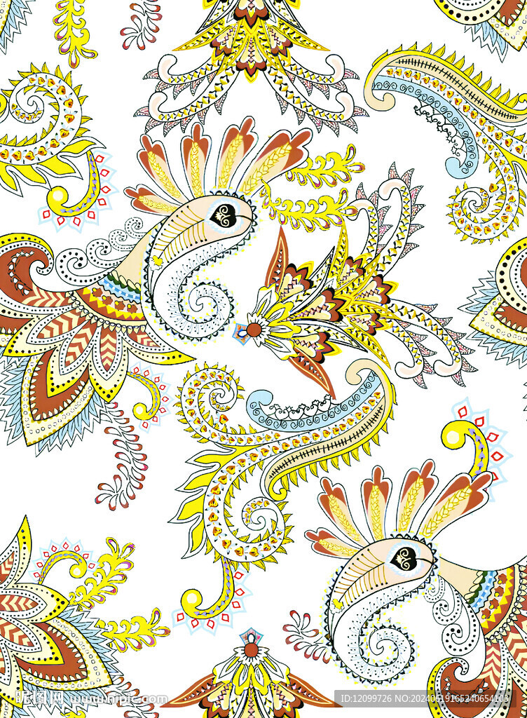 手绘线条腰果数码印花