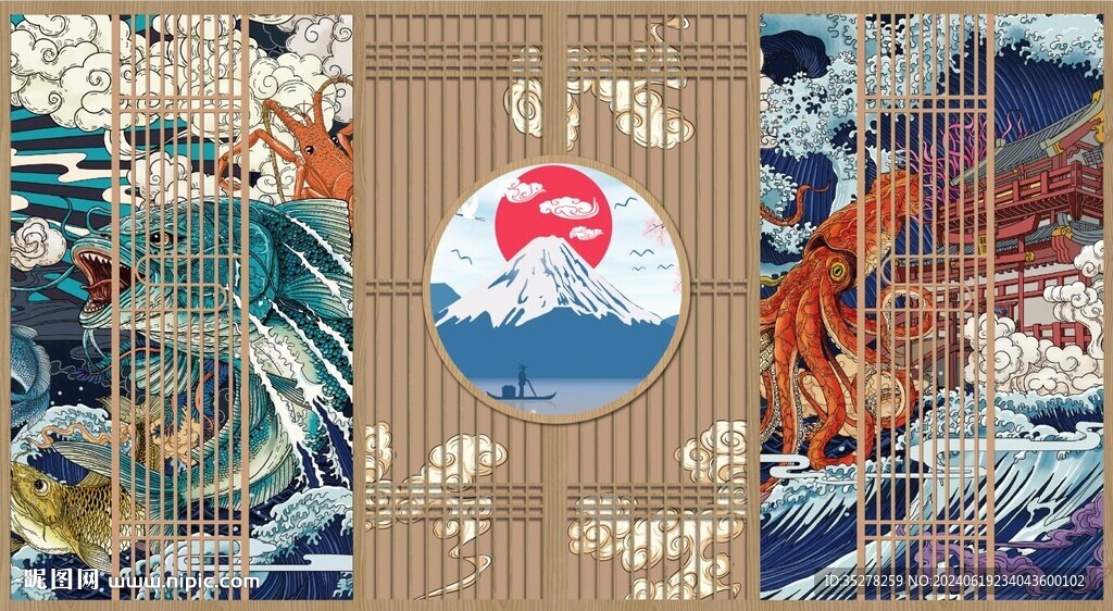 日式浮世绘木格栅背景墙