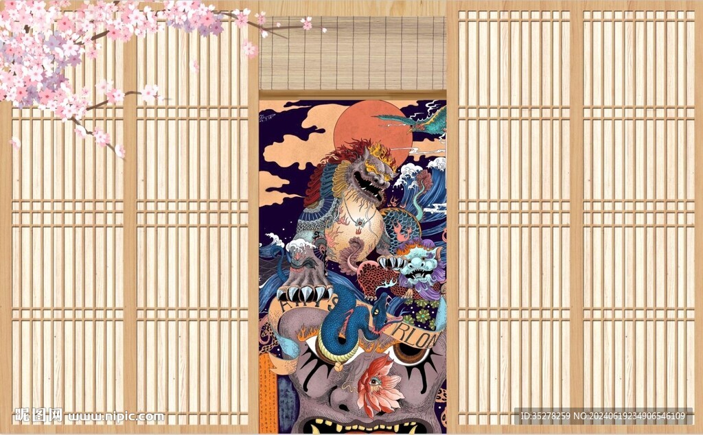 榻榻米屏风日式浮世绘背景墙