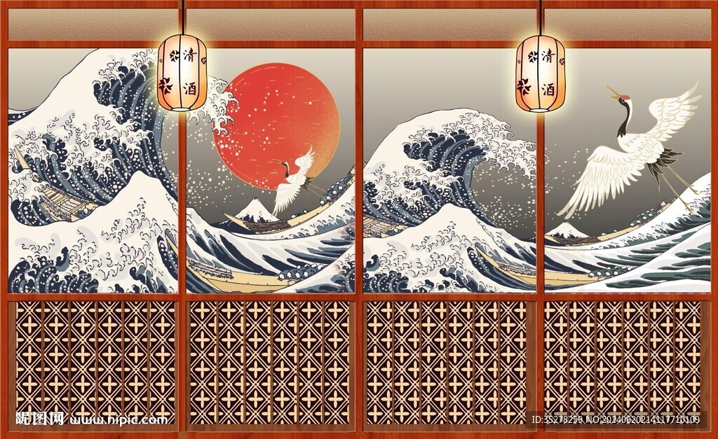 日式浮世绘海浪背景墙