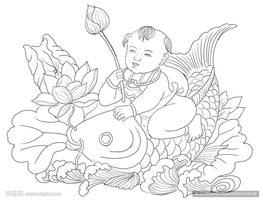 小孩抱鱼图 