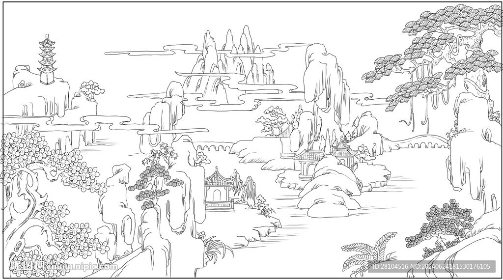 白描古建图
